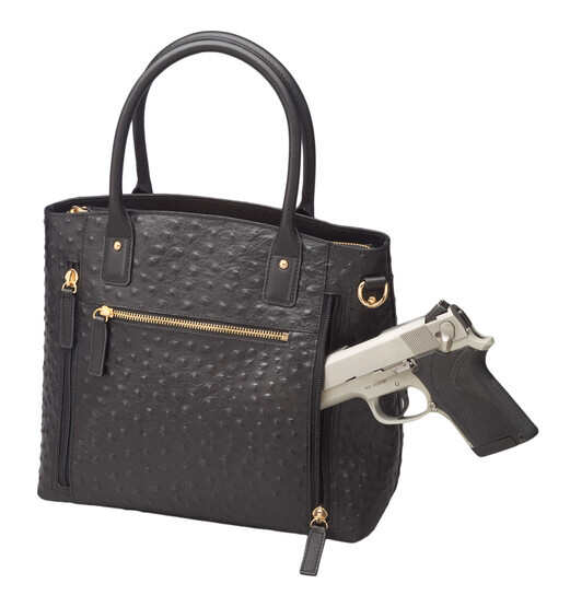 Gun Tote'n Mamas Ostrich Debossed Town Tote Concealed Carry Handbag in Black with CCW pocket